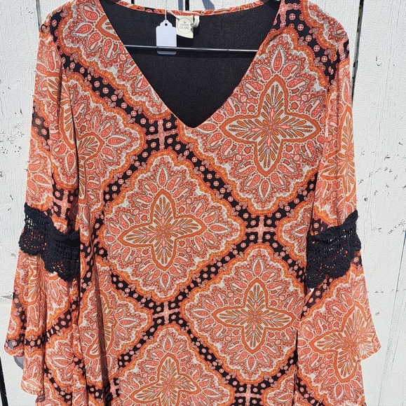 Bohemian Orange and Black Women's Top By Paper Crane - Picture 1 of 2